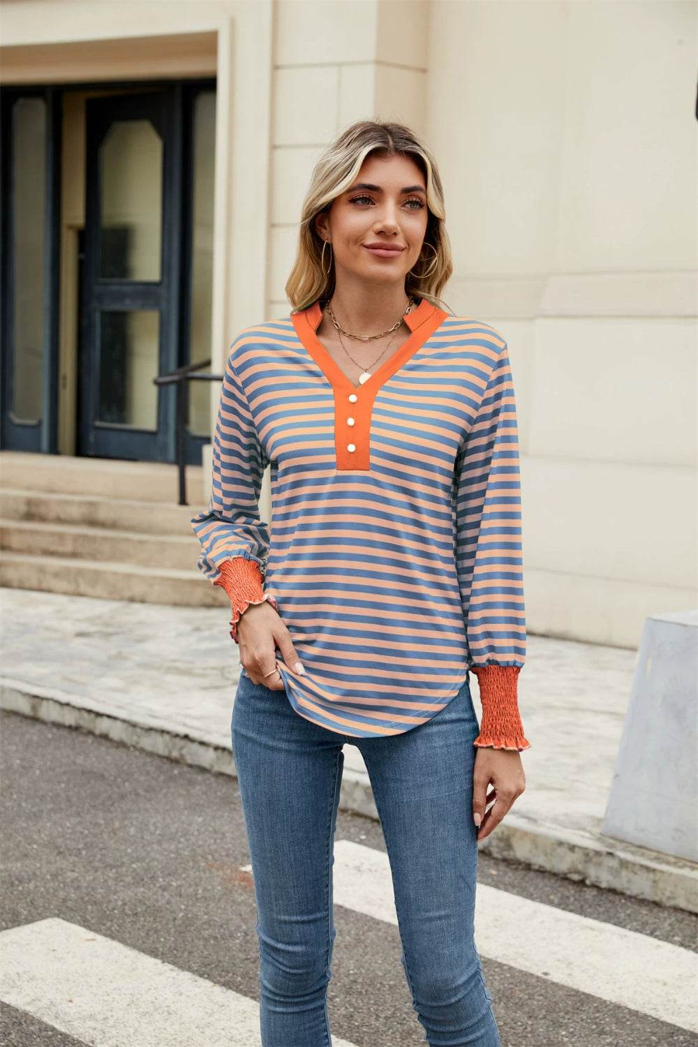 Contrast Striped Notched Long Sleeve Top for a perfect OOTD – dress to impress outfits from Amexza