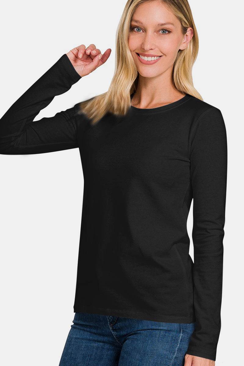 Zenana Full Size Solid Color Round Neck Long Sleeve T-Shirt Black for a perfect OOTD – dress to impress outfits from Amexza