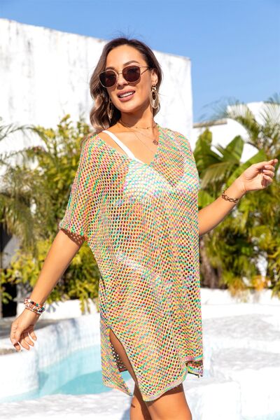 Angel Wings Slit Openwork V-Neck Short Sleeve Cover Up for a perfect OOTD – dress to impress outfits from Amexza