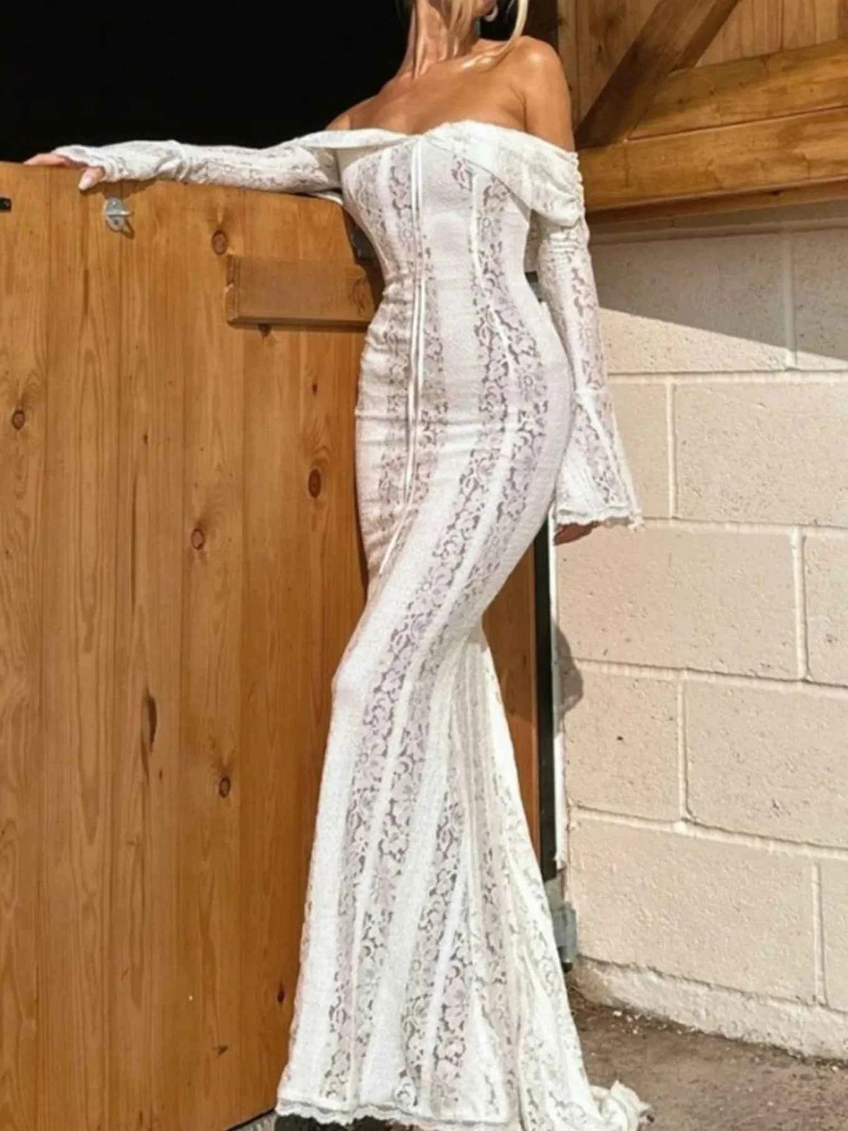 Lace Off-Shoulder Flounce Sleeve Maxi Dress