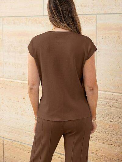 Round Neck Cap Sleeve Top and Pants Knit Set Brown for a perfect OOTD – dress to impress outfits from Amexza