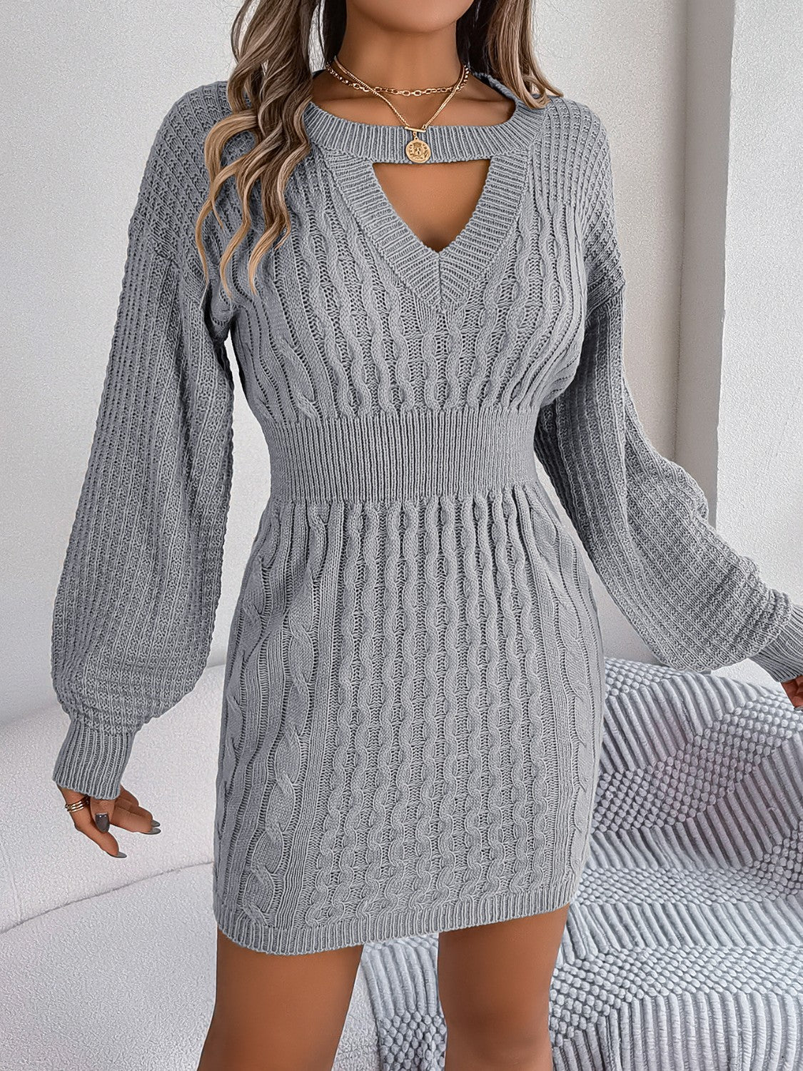 Cable-Knit Cutout Round Neck Slit Sweater Dress Charcoal for a perfect OOTD – dress to impress outfits from Amexza