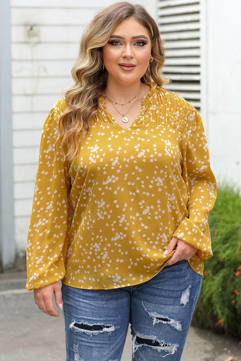 Plus Size Notched Neck Smocked Blouse - Amexza