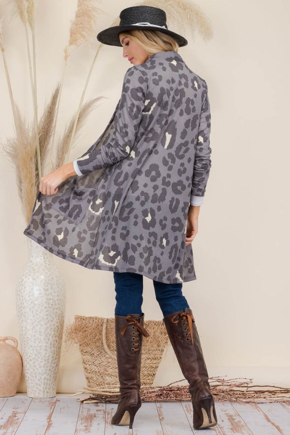 Celeste Full Size Leopard Open Front Contrast Cardigan for a perfect OOTD – dress to impress outfits from Amexza