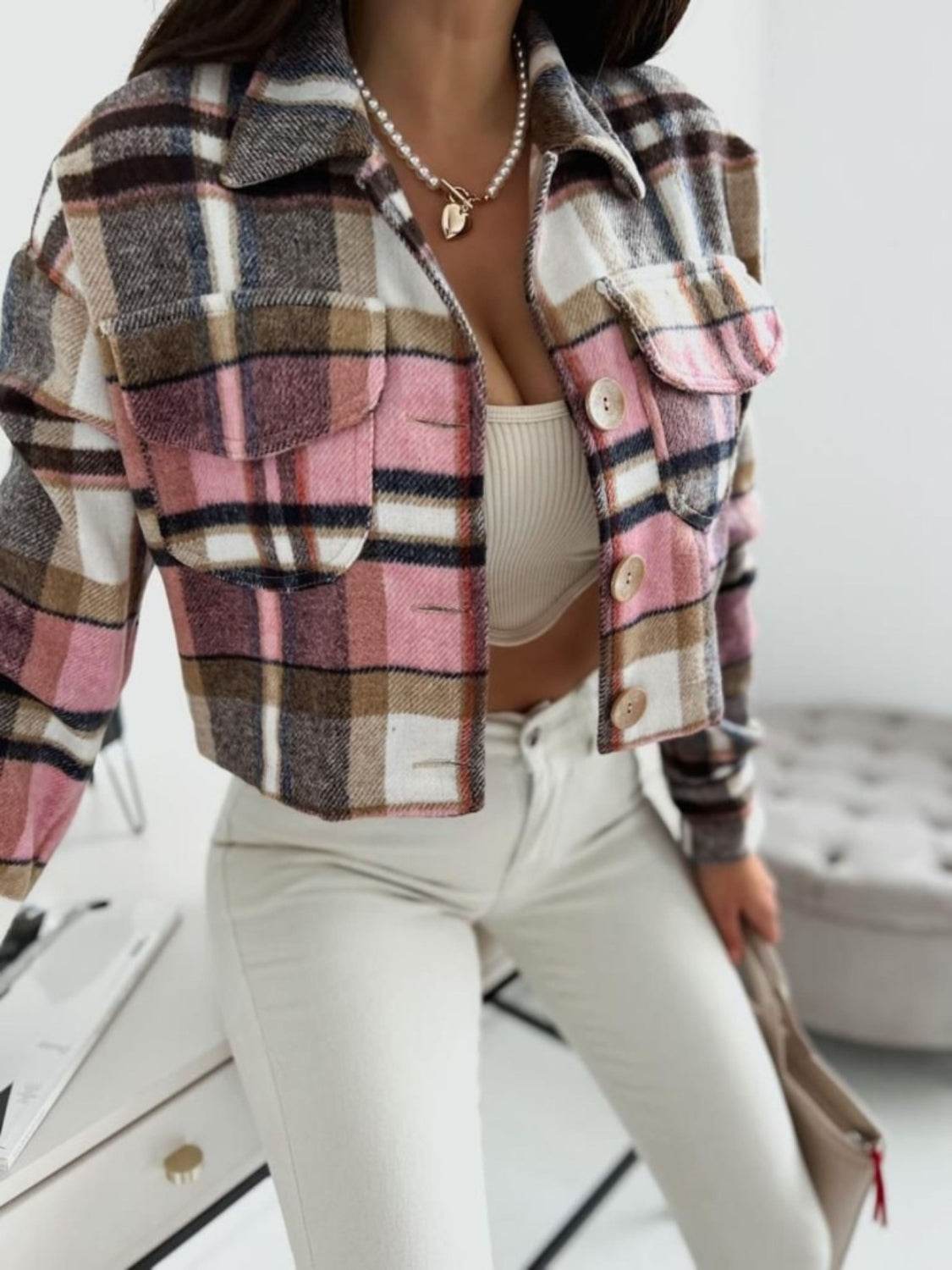 Pocketed Collared Neck Long Sleeve Plaid Jacket - Amexza