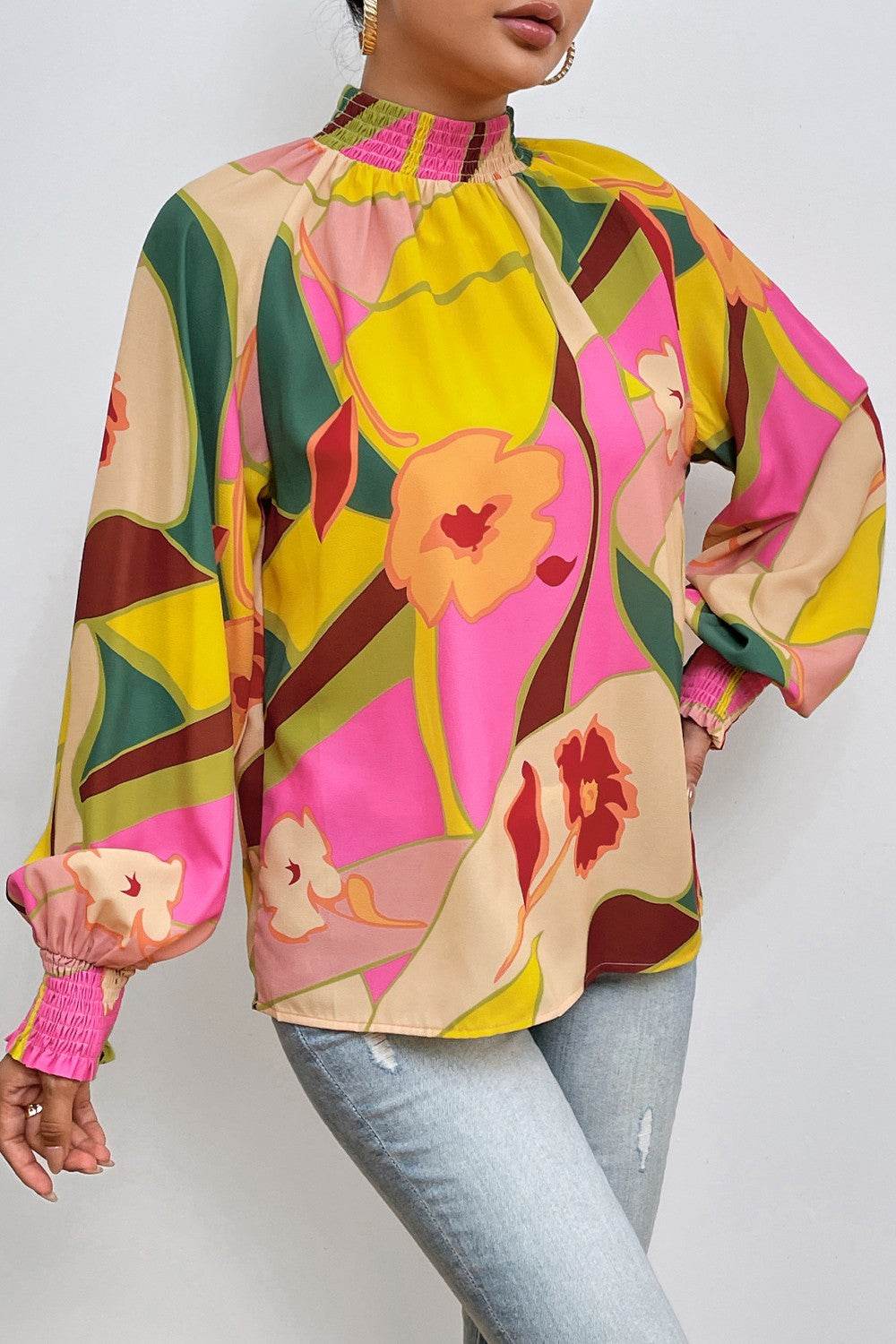 Floral Smocked Lantern Sleeve Mock Neck Blouse - Amexza