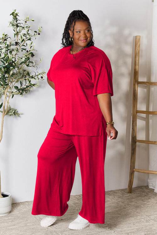 Double Take Full Size Round Neck Slit Top and Pants Set for a perfect OOTD – dress to impress outfits from Amexza