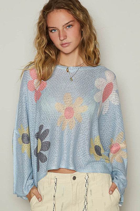 POL Flower Dropped Shoulder Long Sleeve Knit Top Baby Blue for a perfect OOTD – dress to impress outfits from Amexza