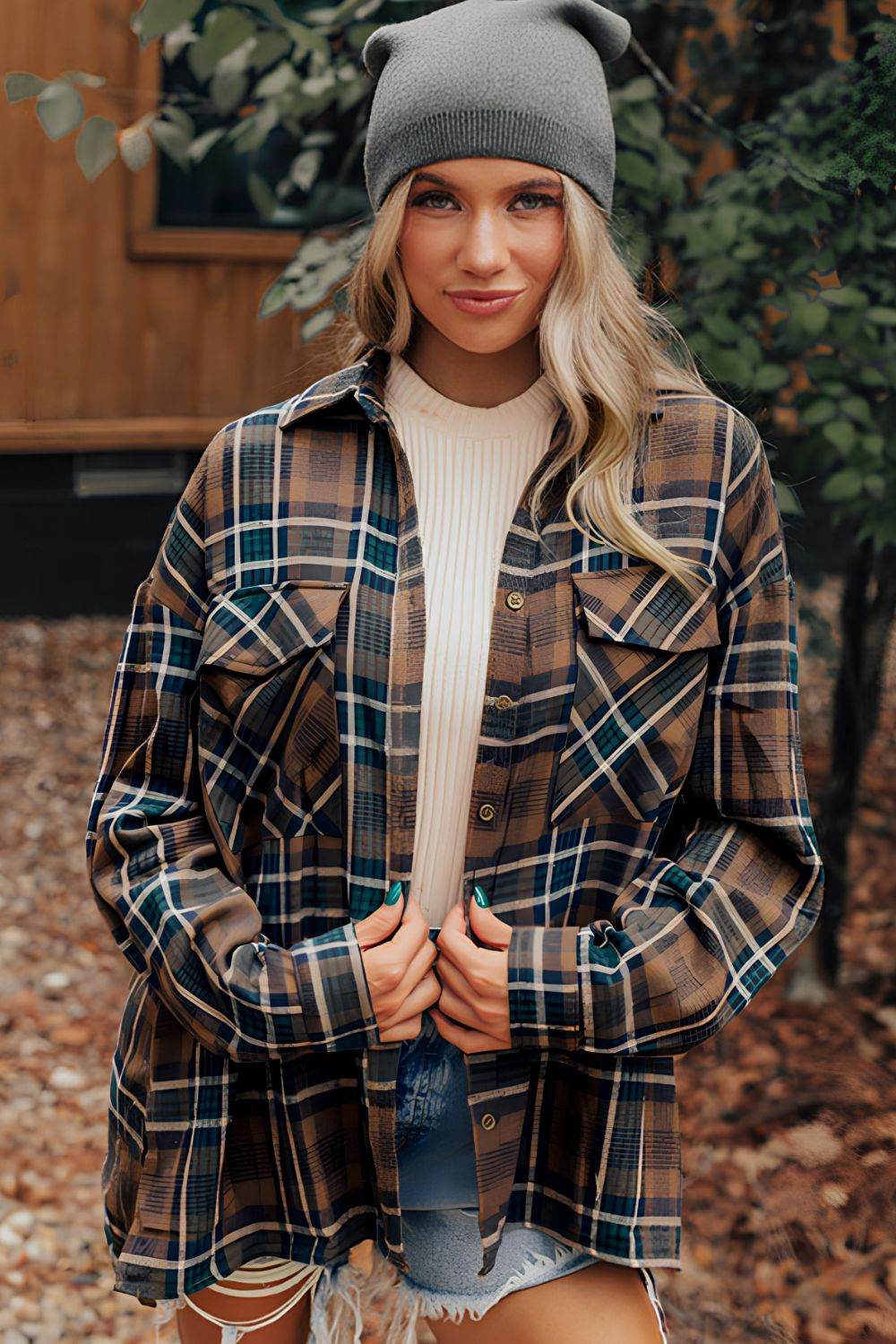 Plaid Collared Neck Button Up Jacket for a perfect OOTD – dress to impress outfits from Amexza