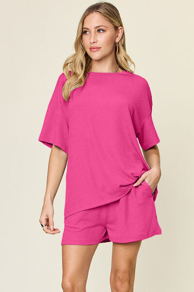 Double Take Basic style Round Neck Solid Set Hot Pink for a perfect OOTD – dress to impress outfits from Amexza