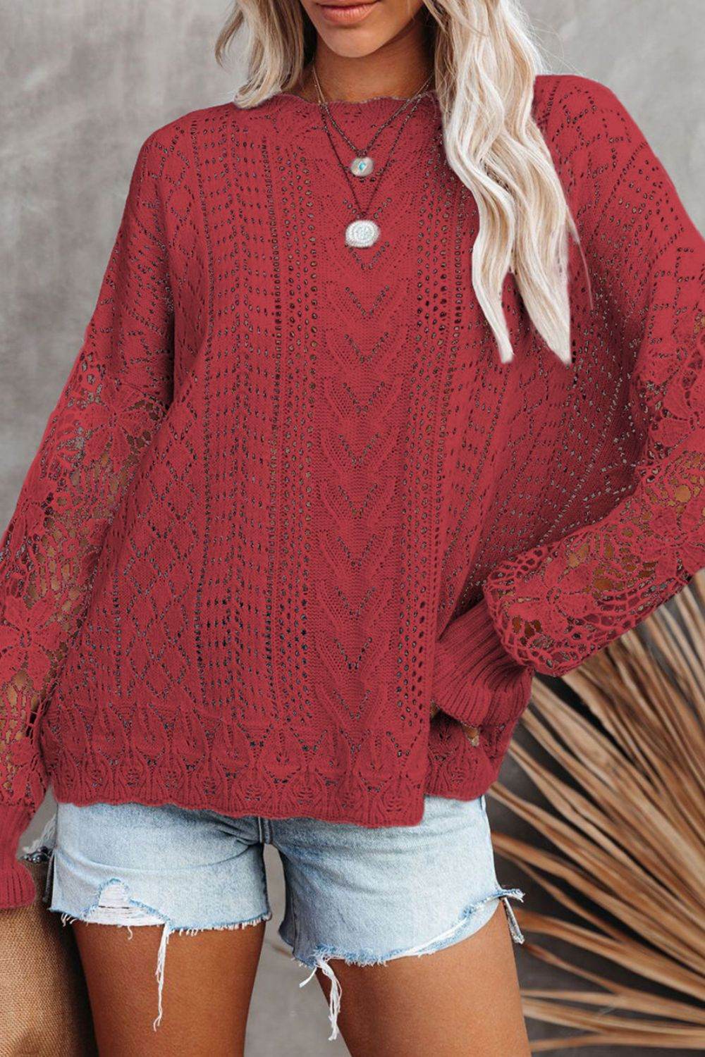 Openwork Round Neck Long Sleeve Sweater for a perfect OOTD – dress to impress outfits from Amexza