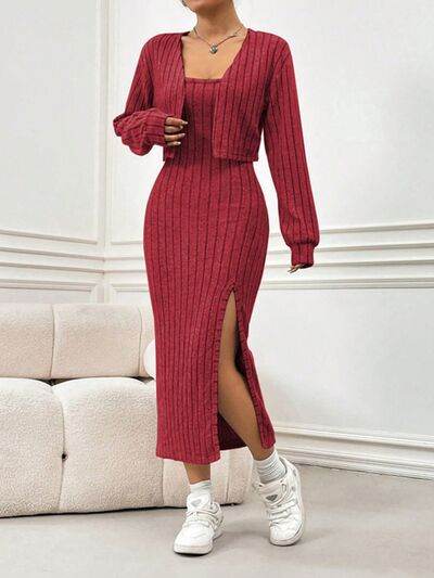 Ribbed Long Sleeve Cropped Cardigan and Slit Cami Dress Set - Amexza