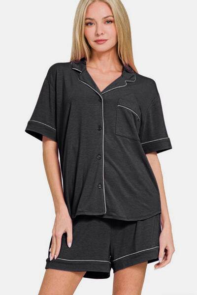 Zenana Button Down Short Sleeve Top and Shorts Lounge Set for a perfect OOTD – dress to impress outfits from Amexza