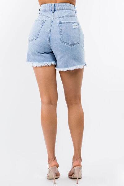 American Bazi High Waist Distressed Raw Hem Denim Shorts for a perfect OOTD – dress to impress outfits from Amexza