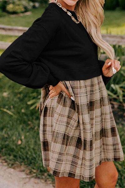 Plaid Round Neck Long Sleeve Mini Dress for a perfect OOTD – dress to impress outfits from Amexza