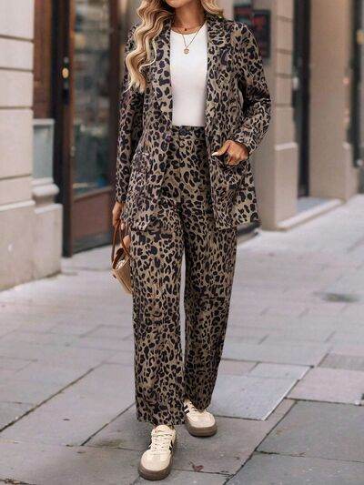 Full Size Leopard Lapel Collar Long Sleeve Blazer and Pants Set - Amexza