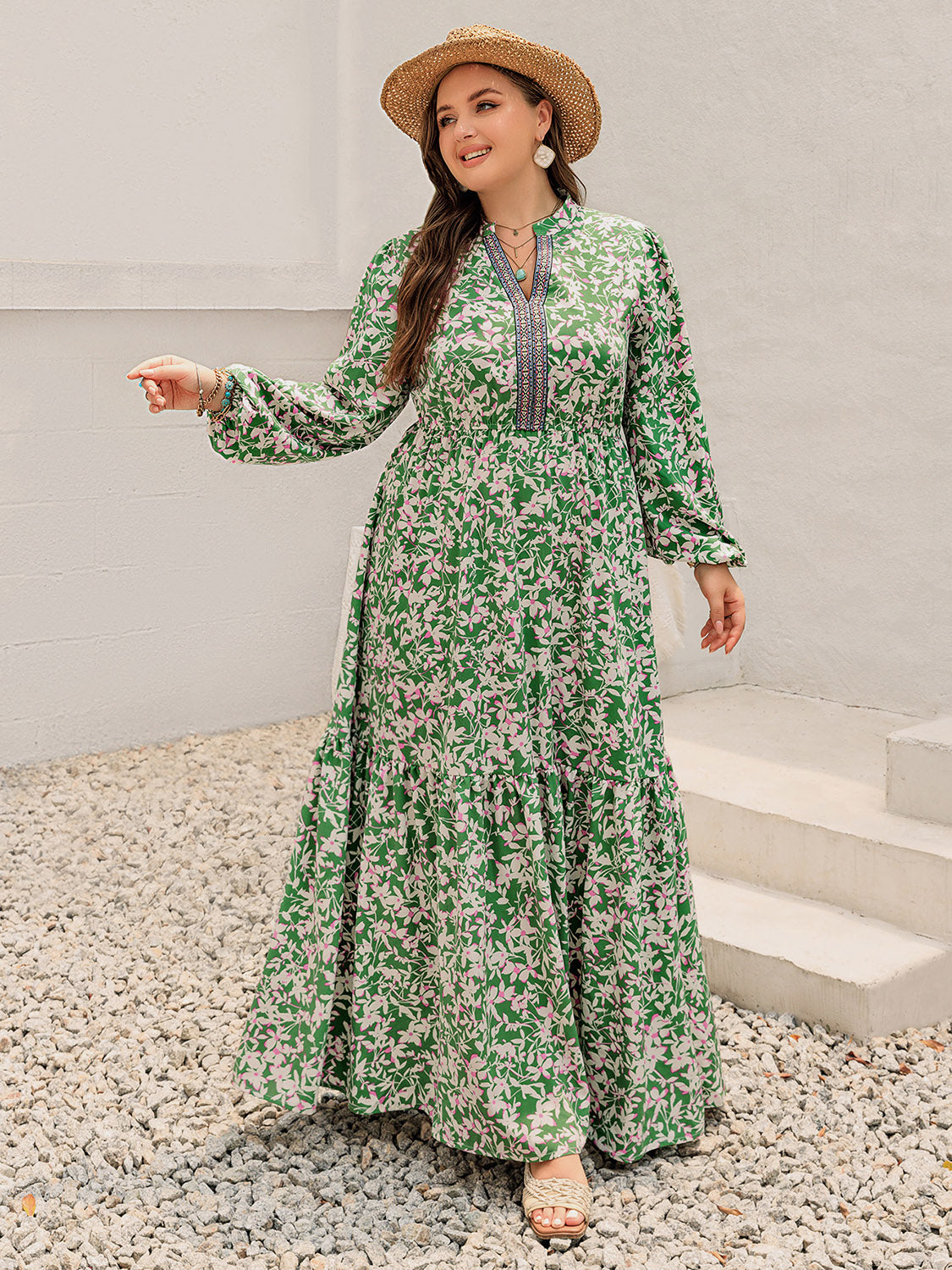 Plus Size Printed Notched Long Sleeve Maxi Dress - Green / 0XL