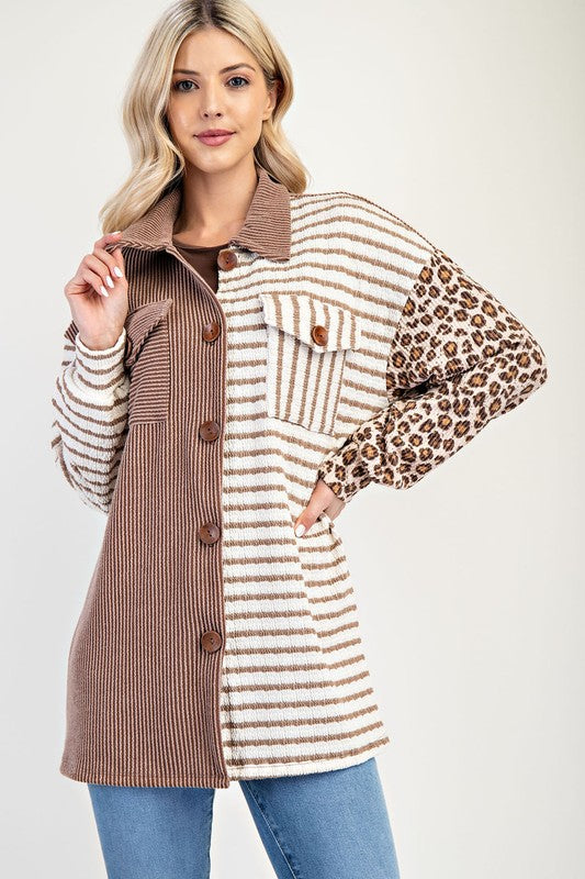 Celeste Full Size Leopard Contrast Button Up Shacket Taupe for a perfect OOTD – dress to impress outfits from Amexza