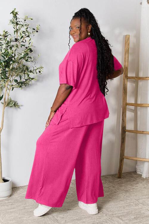 Double Take Full Size Round Neck Slit Top and Pants Set for a perfect OOTD – dress to impress outfits from Amexza