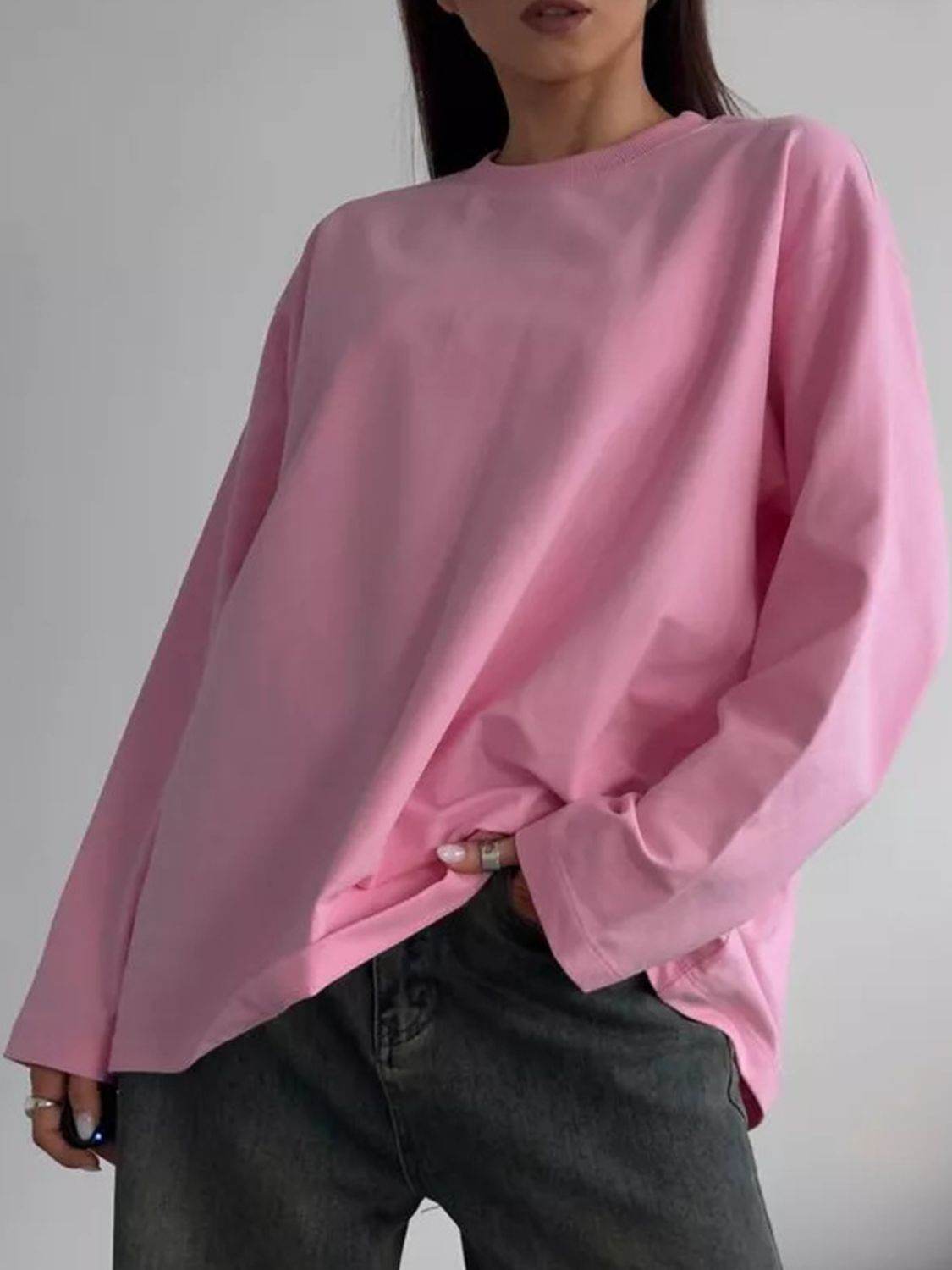Round Neck Dropped Shoulder Long Sleeve T-Shirt - Amexza