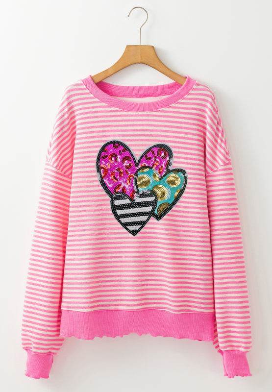 Striped Sequin Heart Round Neck Long Sleeve Sweatshirt for a perfect OOTD – dress to impress outfits from Amexza