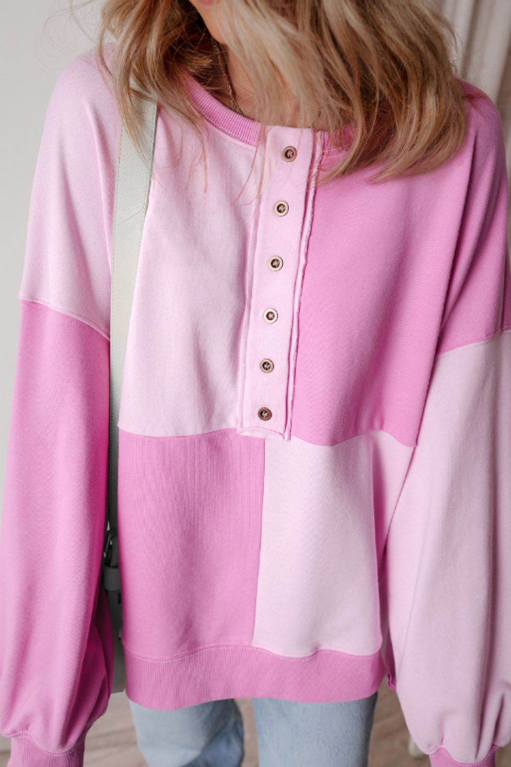 Color Block Half Button Long Sleeve Sweatshirt Pink for a perfect OOTD – dress to impress outfits from Amexza