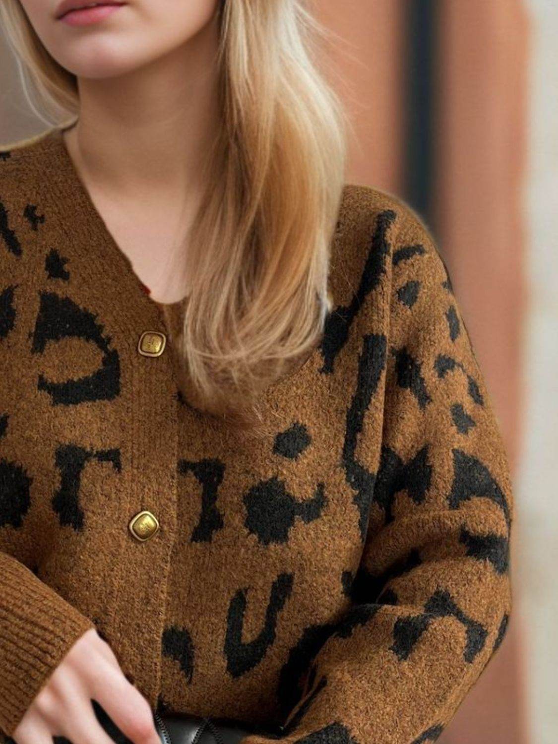 Leopard V-Neck Button Up Cardigan - Amexza