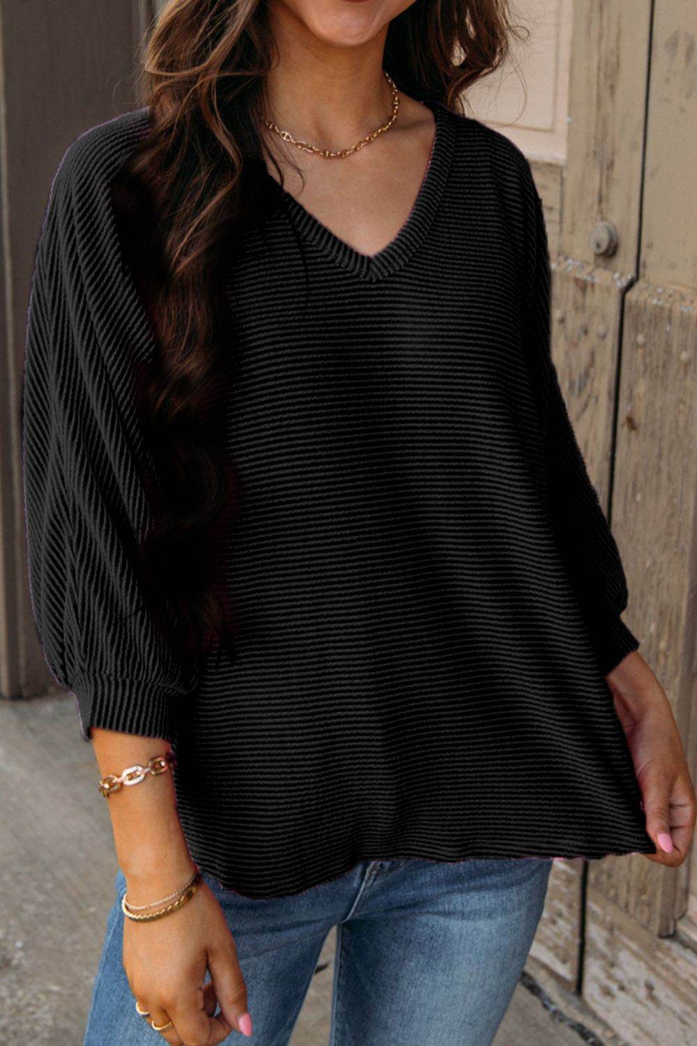 Texture V-Neck Long Sleeve Top Black for a perfect OOTD – dress to impress outfits from Amexza