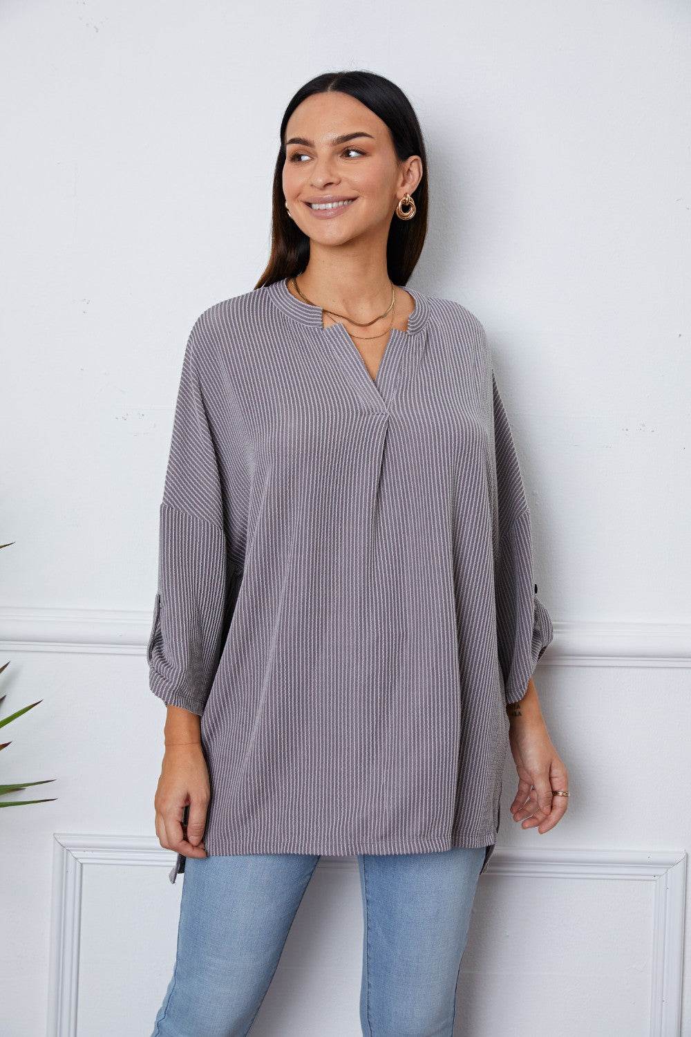 Notched Roll-Tab Sleeve Blouse - Amexza