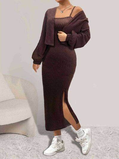 Open Front Long Sleeve Cardigan and Side Slit Cami Dress Set for a perfect OOTD – dress to impress outfits from Amexza