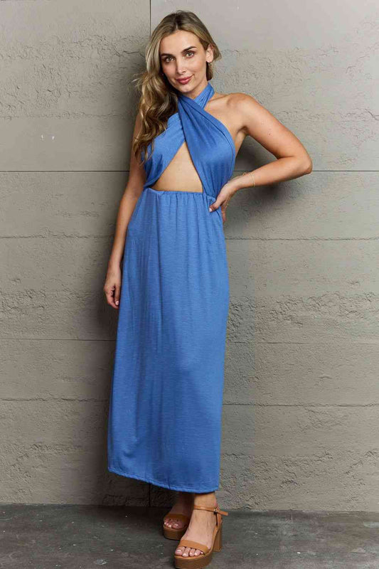 Ninexis Know Your Worth Criss Cross Halter Neck Maxi Dress Blue for a perfect OOTD – dress to impress outfits from Amexza