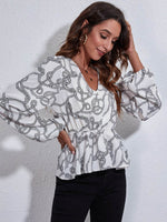 Printed V-Neck Balloon Sleeve Peplum Blouse - Amexza