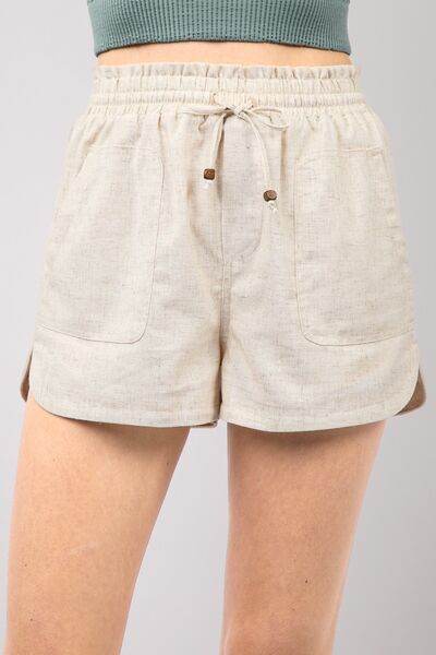 VERY J Drawstring Elastic Waist Linen Shorts Oatmeal for a perfect OOTD – dress to impress outfits from Amexza