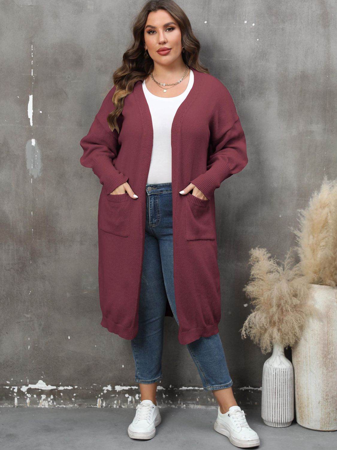 Plus Size Long Sleeve Pocketed Cardigan for a perfect OOTD – dress to impress outfits from Amexza