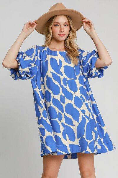 Umgee Two Tone Abstract Print Puff Sleeve Dress Blue for a perfect OOTD – dress to impress outfits from Amexza