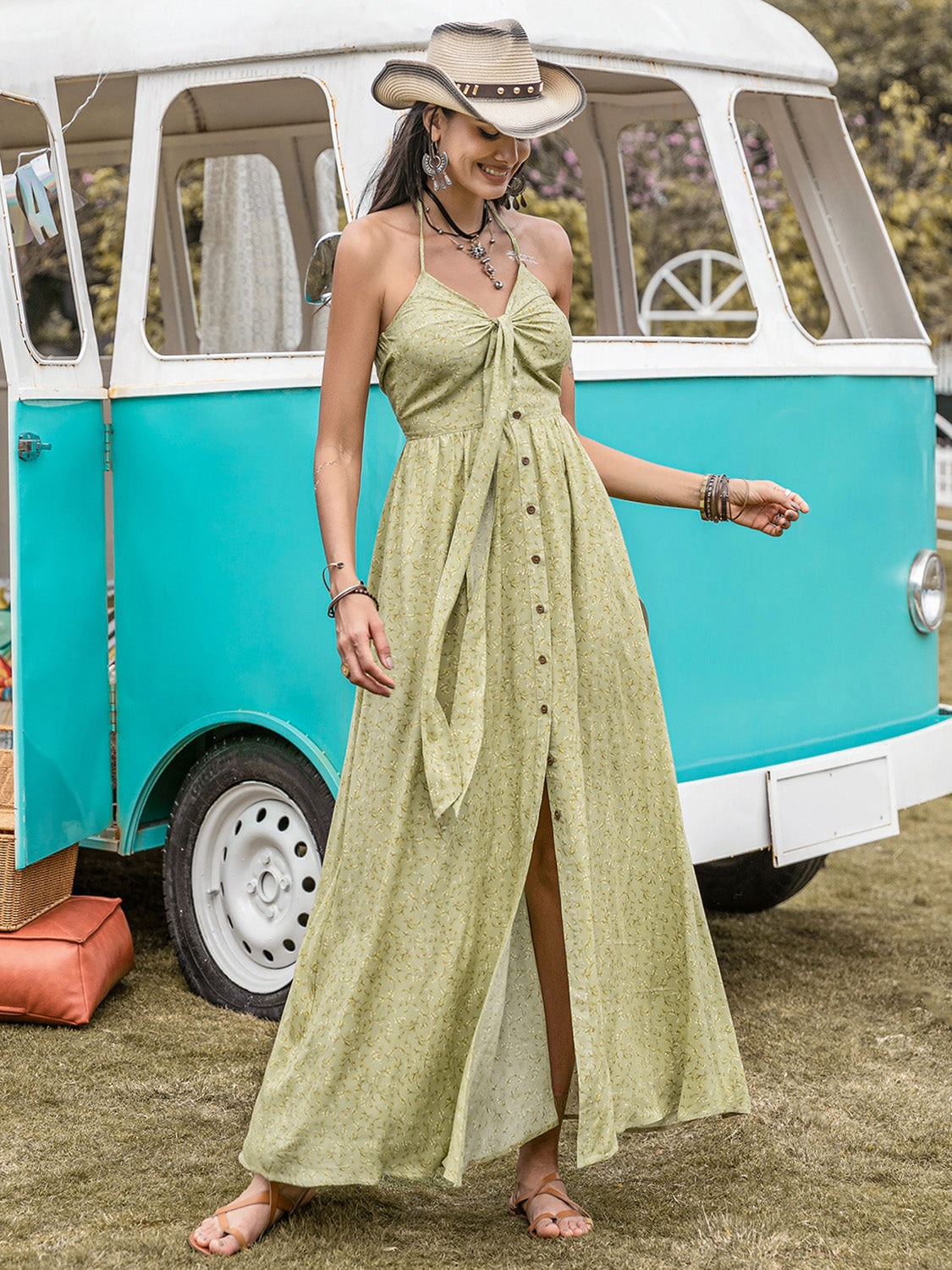 Printed Halter Neck Maxi Dress - Sage / S