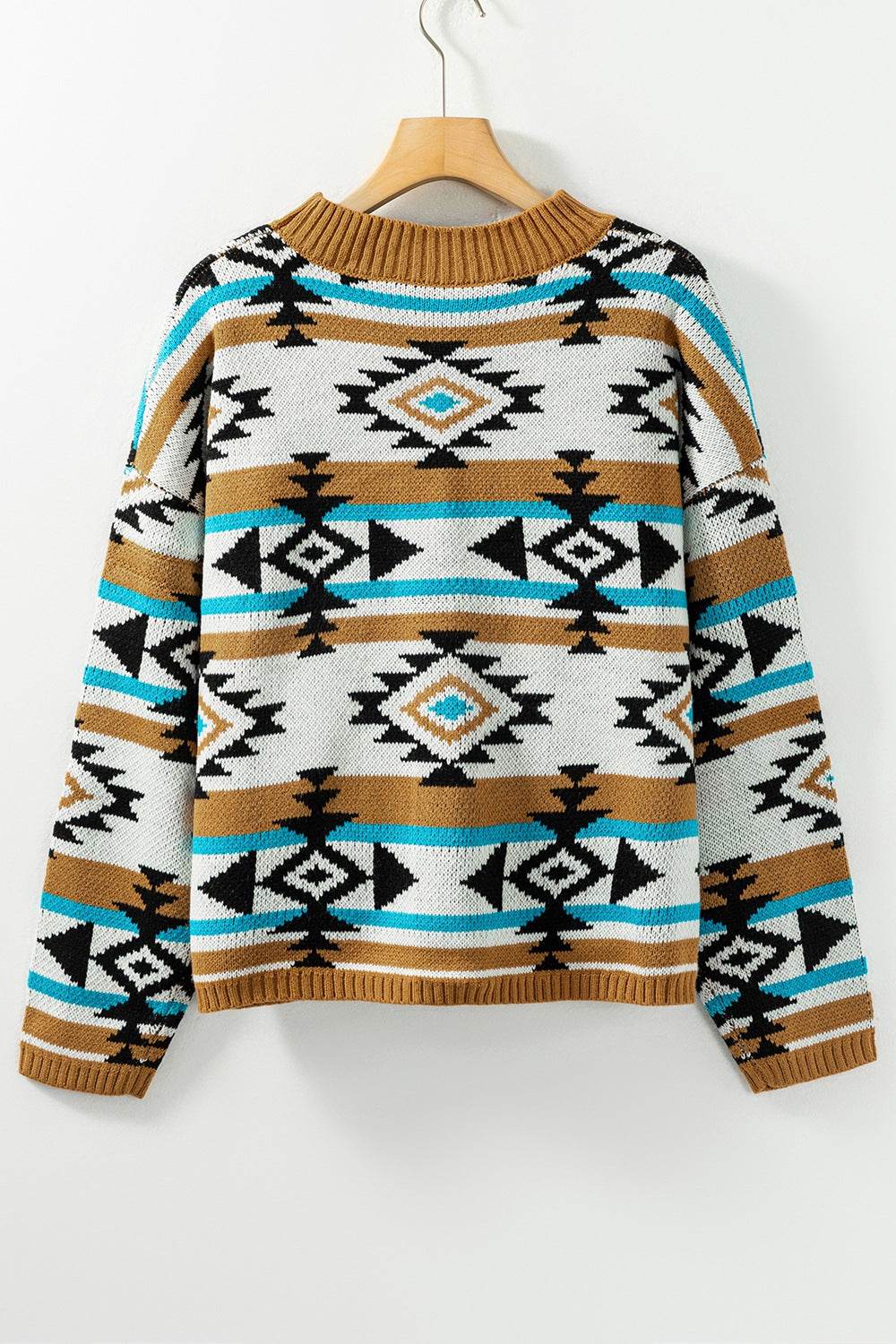 Geometric Round Neck Long Sleeve Sweater - Amexza