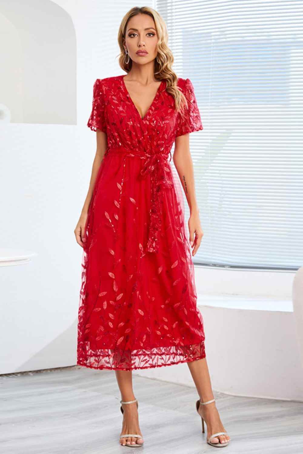 Sequin Leaf Embroidery Tie Front Short Sleeve Dress Deep Red for a perfect OOTD – dress to impress outfits from Amexza