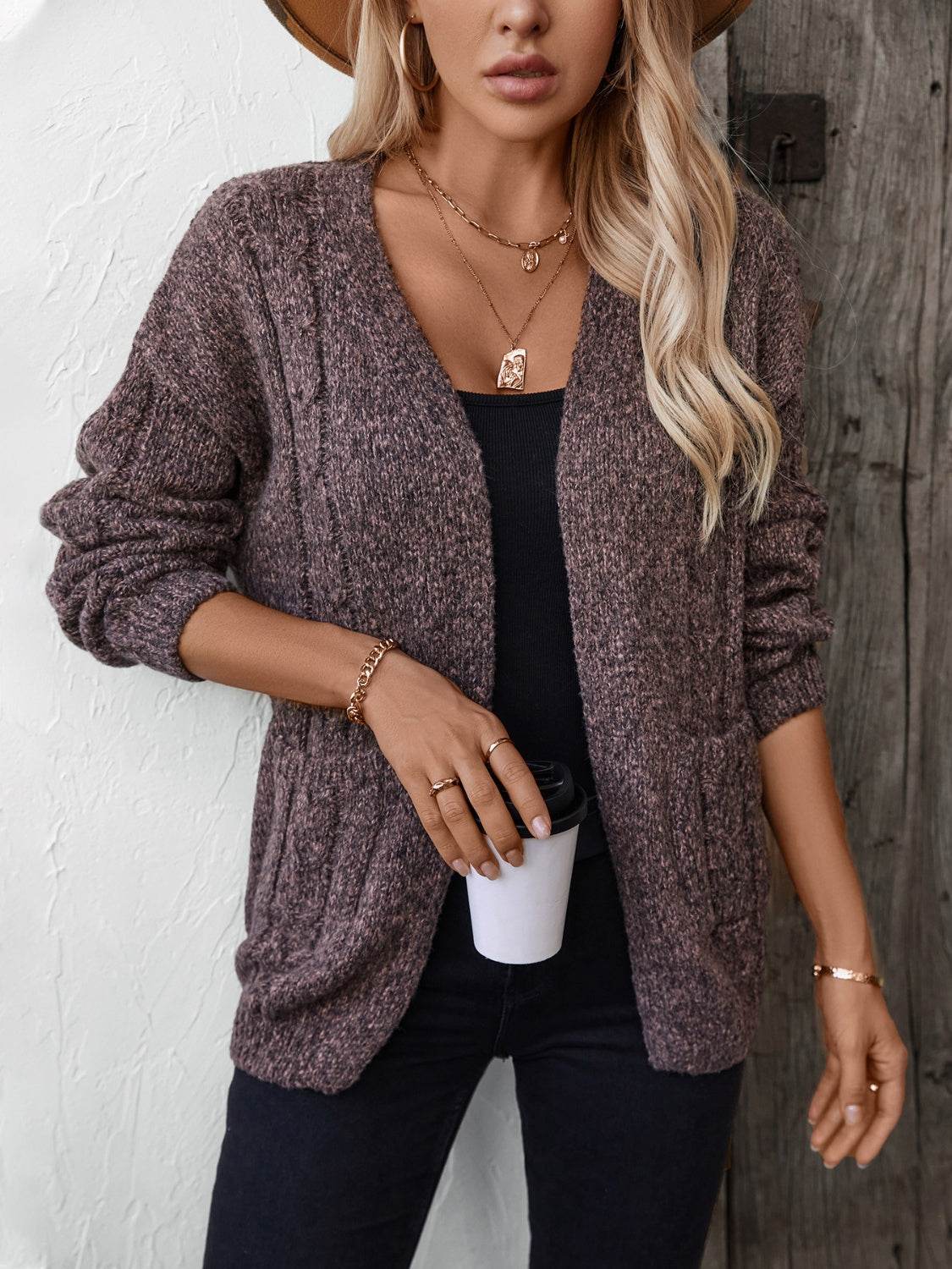 Cable-Knit Open Front Long Sleeve Cardigan - Amexza