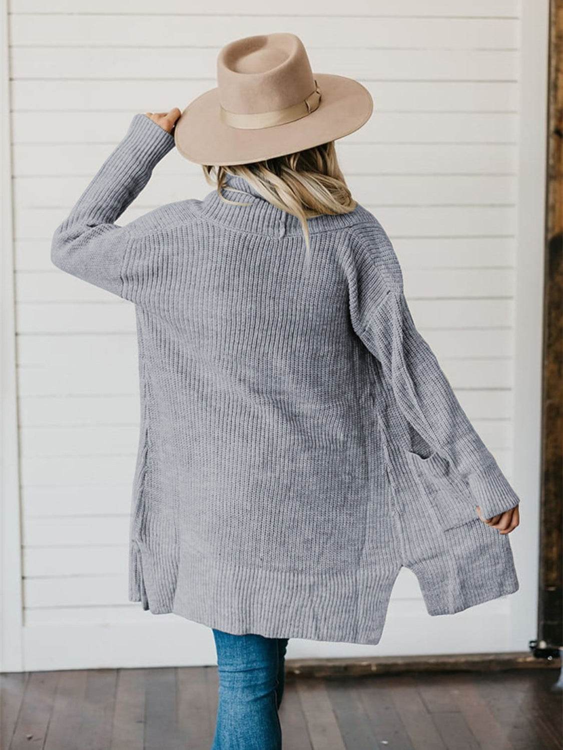 High-Low Open Front Cardigan with Pockets - Amexza