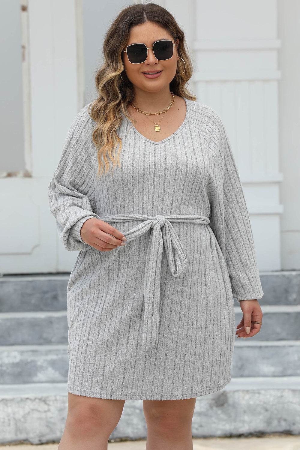 Plus Size Ribbed Tie Front Long Sleeve Sweater Dress for a perfect OOTD – dress to impress outfits from Amexza