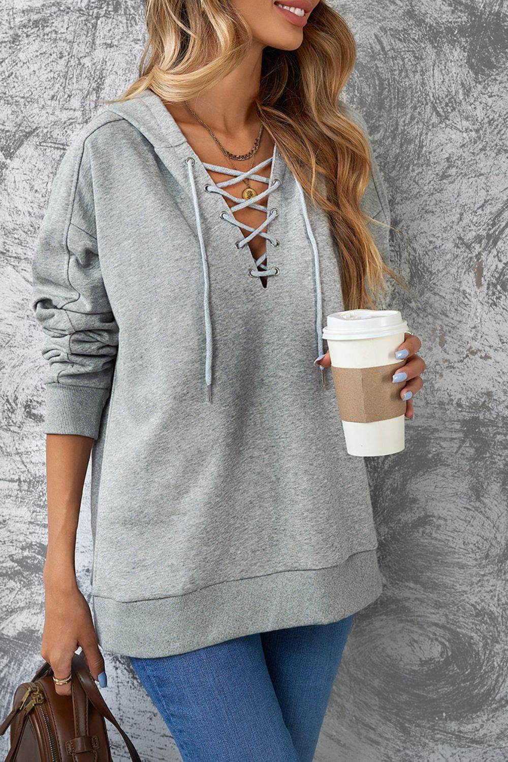 Lace Up Long Sleeve Hoodie - Amexza