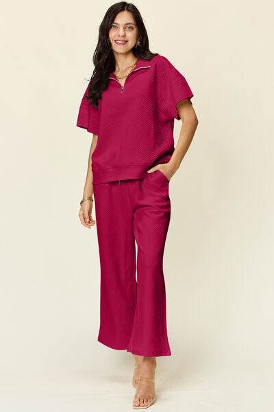 Double Take Full Size Texture Half Zip Short Sleeve Top and Pants Set Hot Pink for a perfect OOTD – dress to impress outfits from Amexza