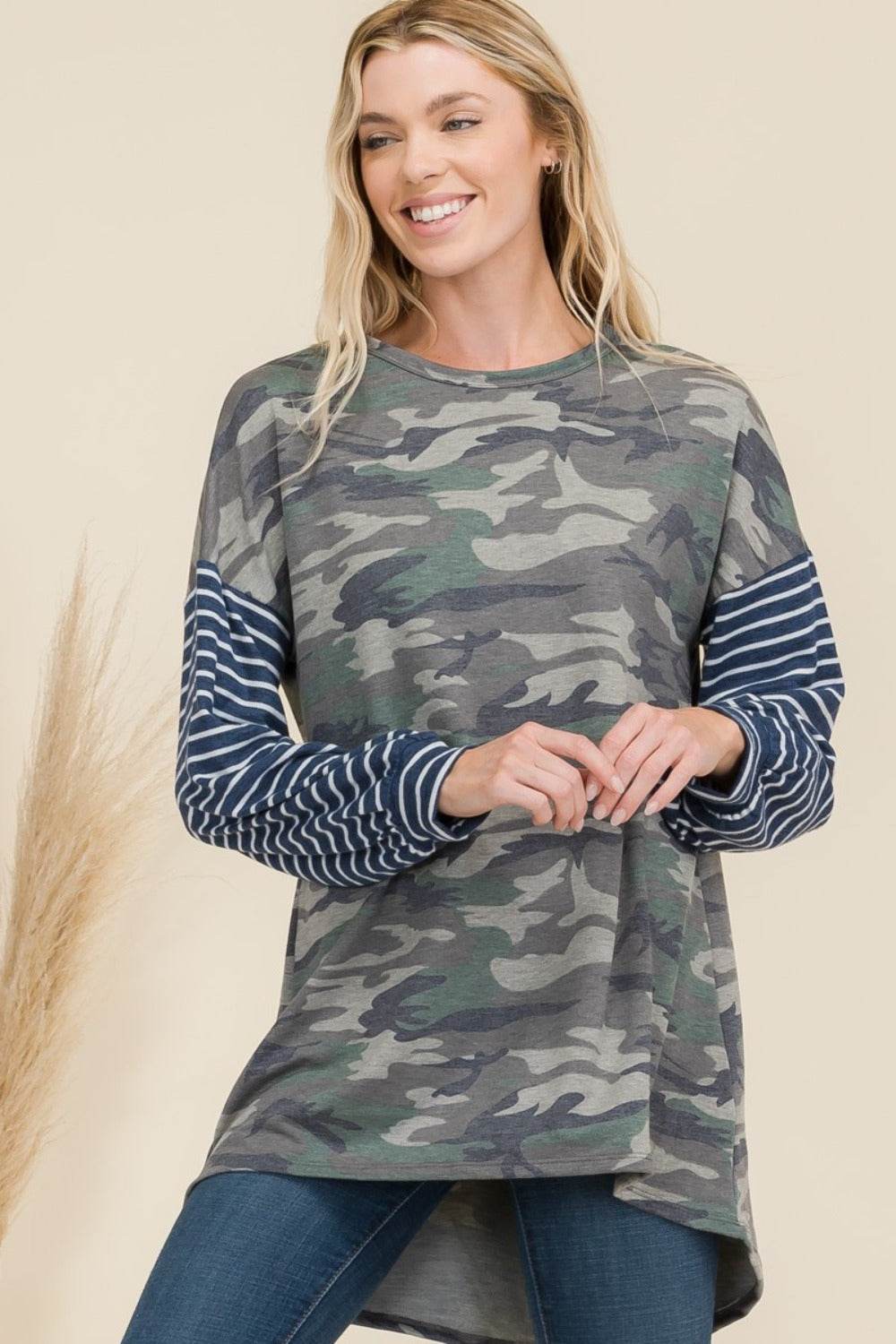 Celeste Full Size Camo Print High-Low T-Shirt with Stripe Sleeves Olive Camo for a perfect OOTD – dress to impress outfits from Amexza