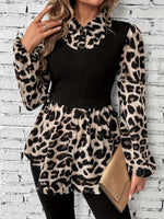 Leopard Collared Neck Balloon Sleeve Blouse - Amexza