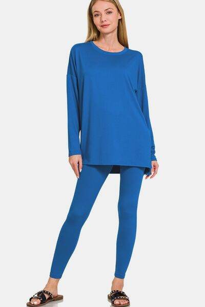 Zenana Full Size Brushed Microfiber Top and Leggings Lounge Set Classic Blue for a perfect OOTD – dress to impress outfits from Amexza