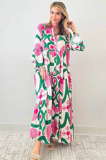 Printed Notched Long Sleeve Maxi Dress - Amexza