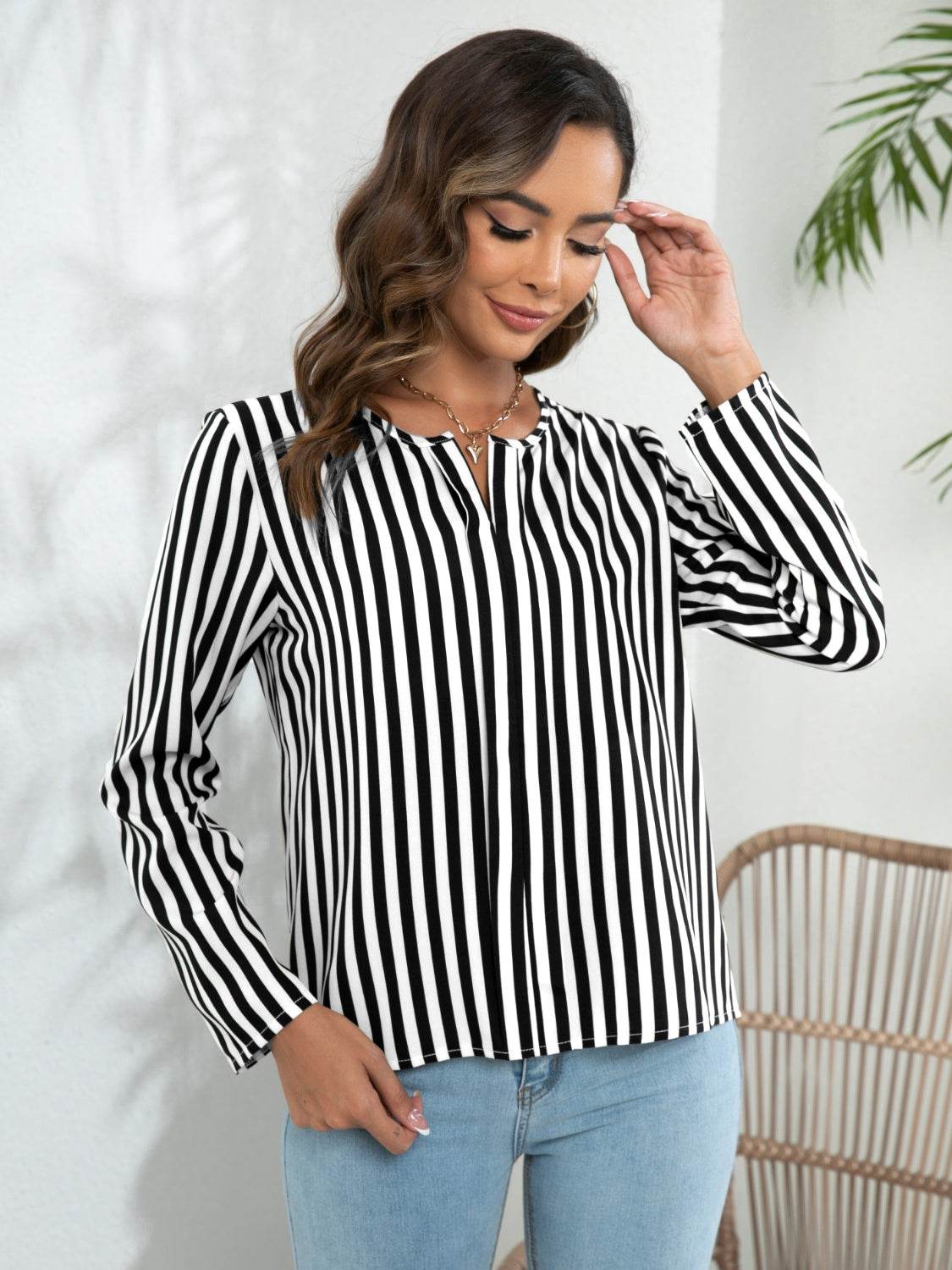 Striped Long Sleeve Notched Blouse - Amexza