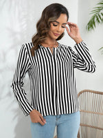 Striped Long Sleeve Notched Blouse - Amexza