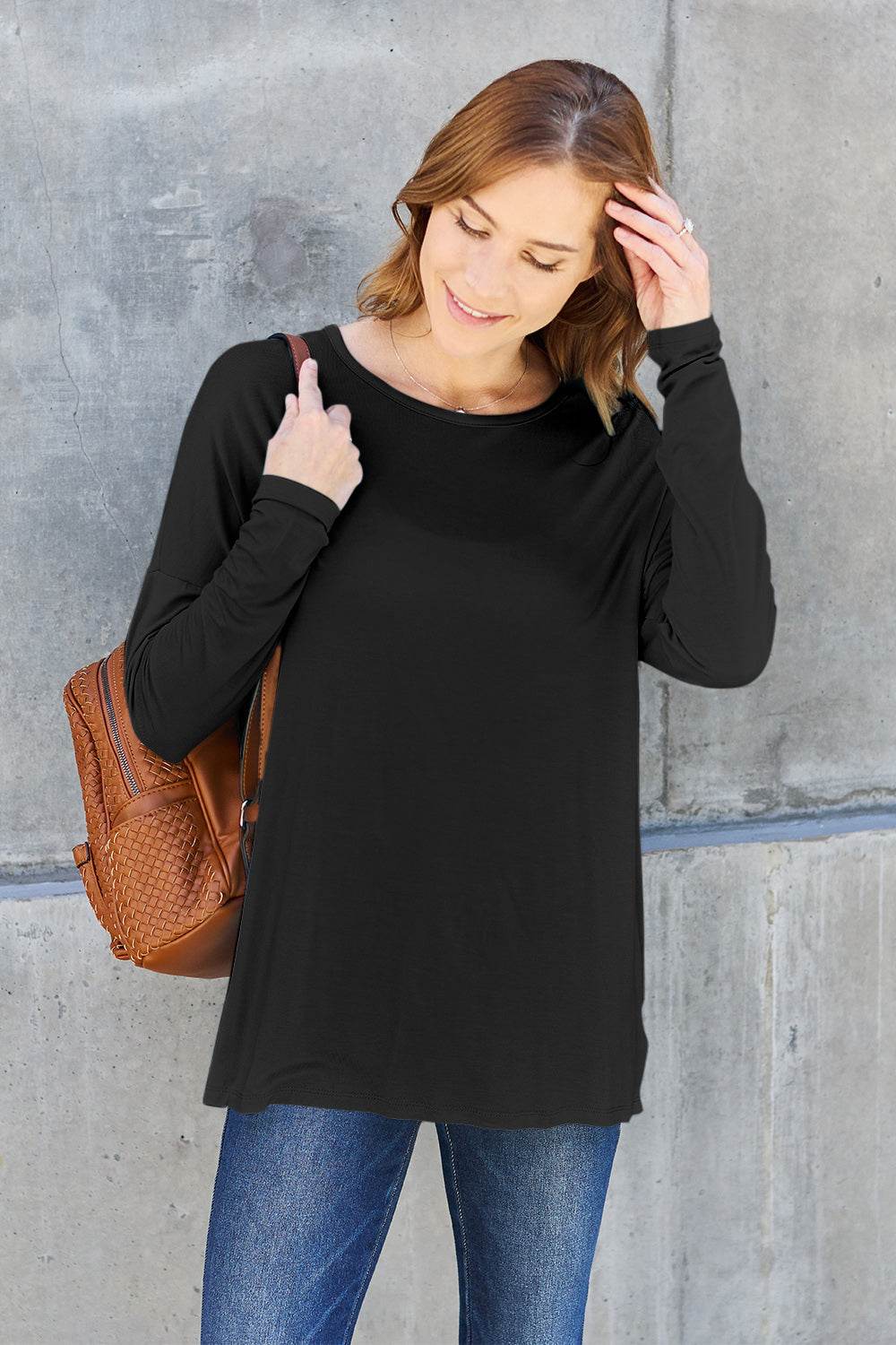 Basic Bae Full Size Round Neck Dropped Shoulder T-Shirt Black for a perfect OOTD – dress to impress outfits from Amexza